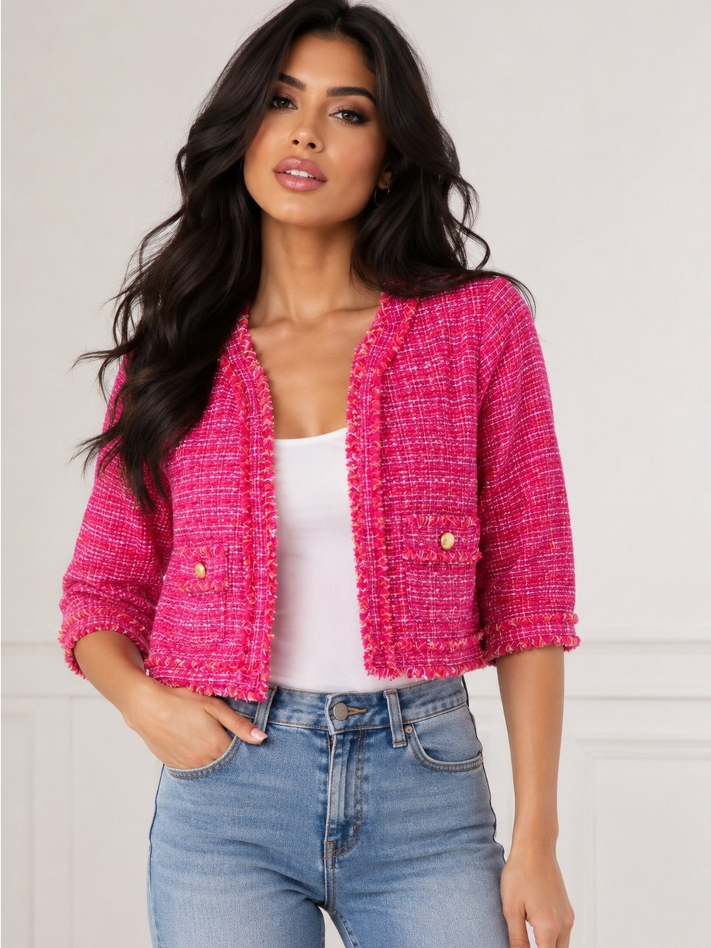 Laundry By Shelli Segal Hot Pink Cropped Tweed Open Front Blazer Jacket NWOT